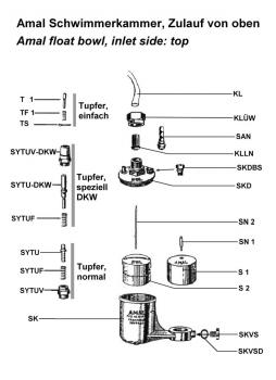 Amal Schwimmer klein, mit Klammer, für englische Vergaser---Repro--- === small float, bottom fed, remake, with clamp