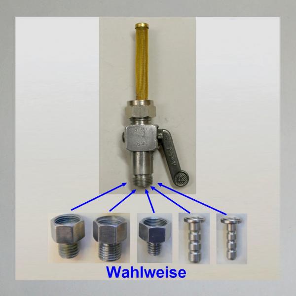 Everbest ("Würfelhahn") Benzinhahn mit Reserve, Doppelfilter und 2 Gewinden: Tankseitig: M16x1 (Mit Überwurf)---Ablaufseitig: nach Wahl